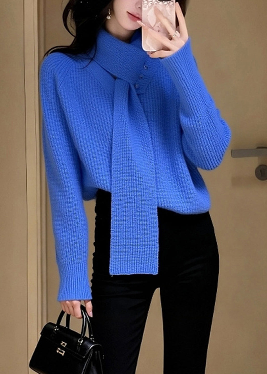 Stylish Blue V Neck With Scarf Knit Sweater Winter