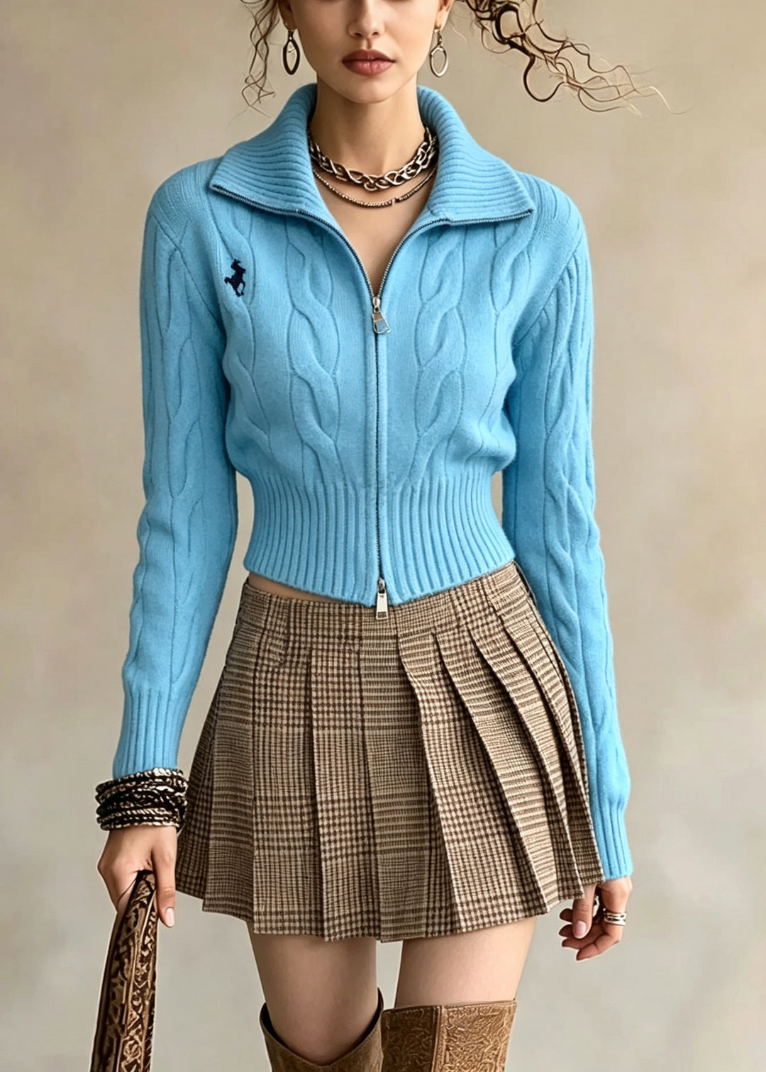 Stylish Blue Zip Up Embroidered Knit Sweater Coat Fall