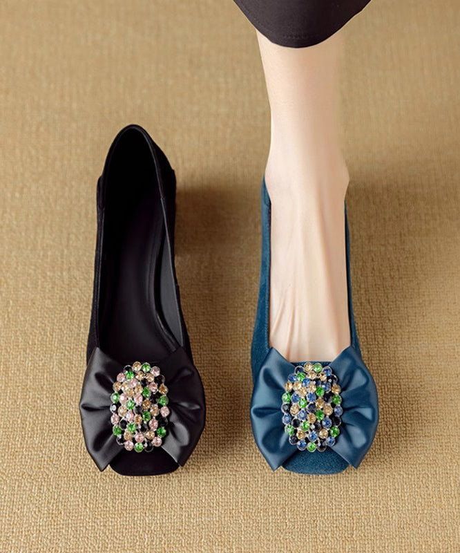 Stylish Bow Zircon Splicing Chunky Penny Loafers Blue Suede