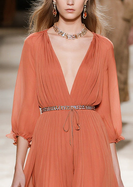 Stylish Brick Red Cinched Wrinkled Chiffon Long Dresses Summer