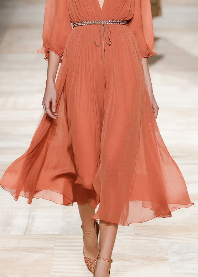 Stylish Brick Red Cinched Wrinkled Chiffon Long Dresses Summer