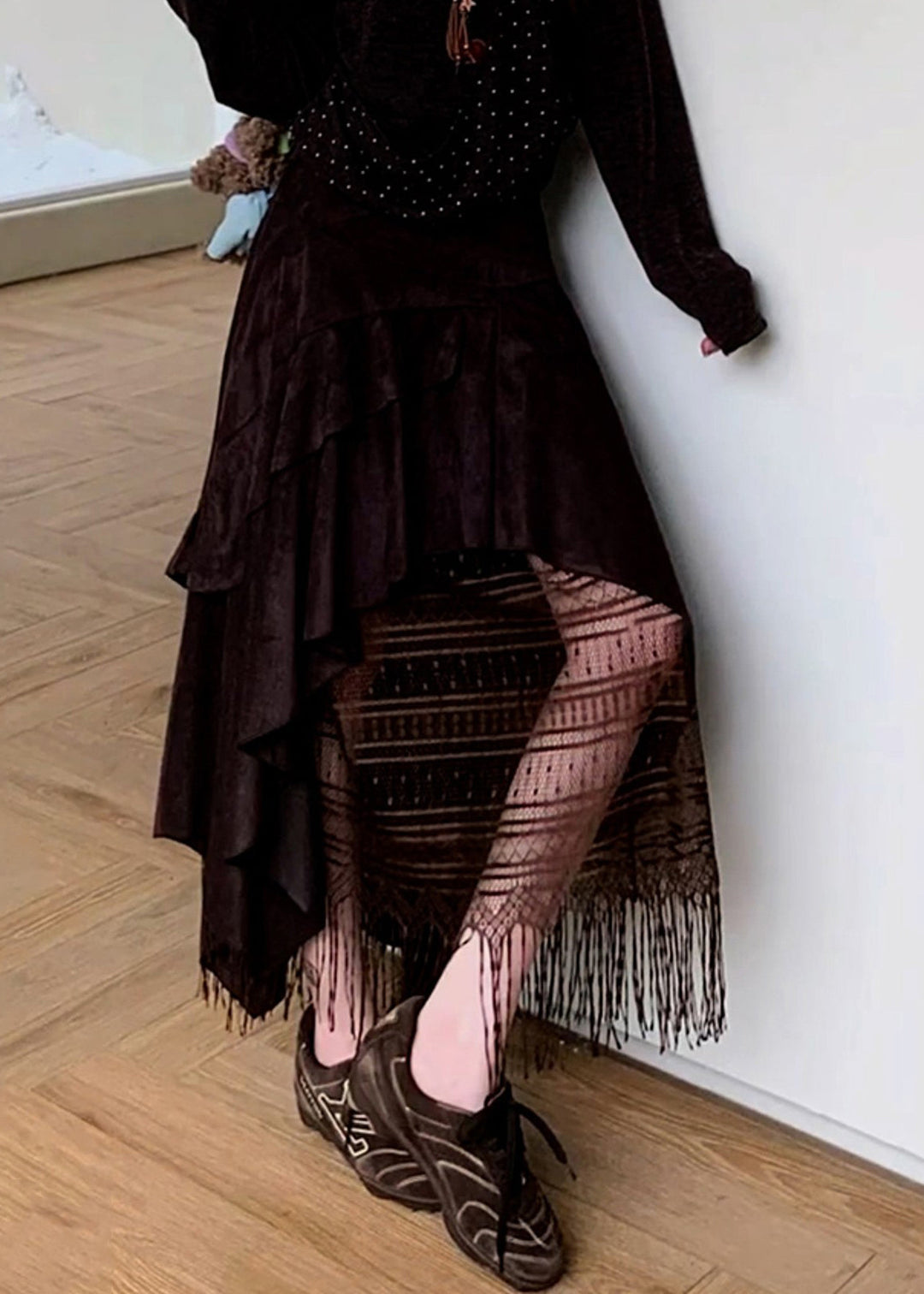 Stylish Brown Asymmetrical Lace Tasseled Patchwork Skirts Summer