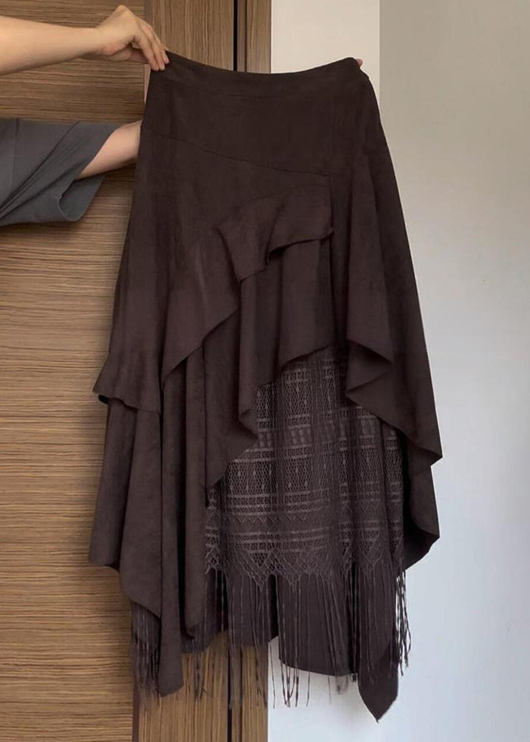 Stylish Brown Asymmetrical Lace Tasseled Patchwork Skirts Summer