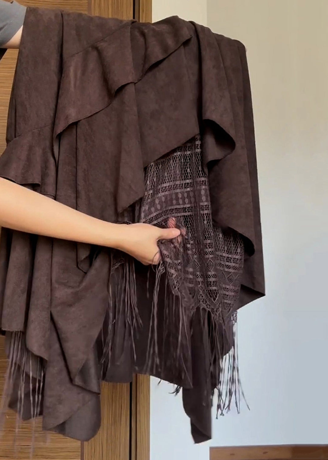 Stylish Brown Asymmetrical Lace Tasseled Patchwork Skirts Summer