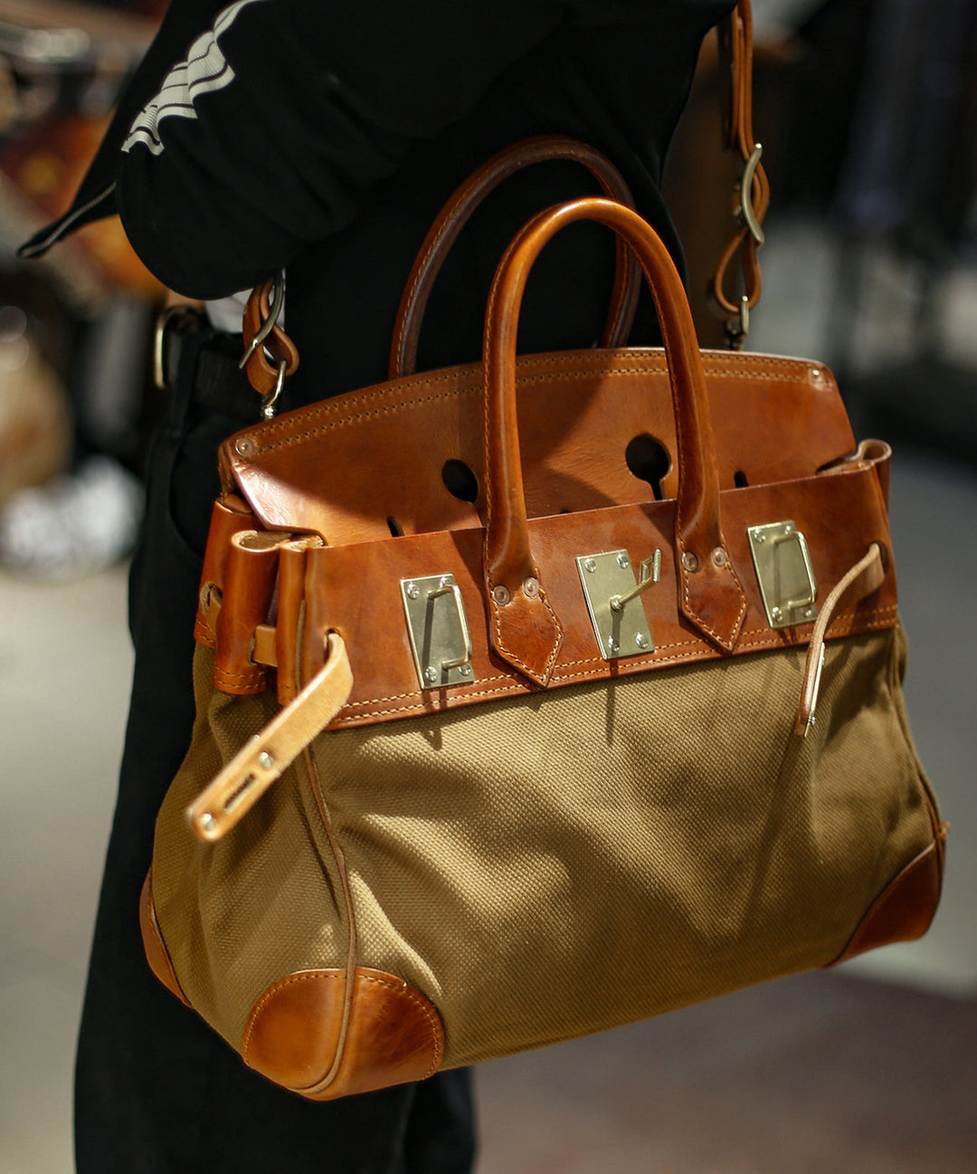 Stylish Brown Canvas-linen Patchwork Durable Leather Tote Handbag