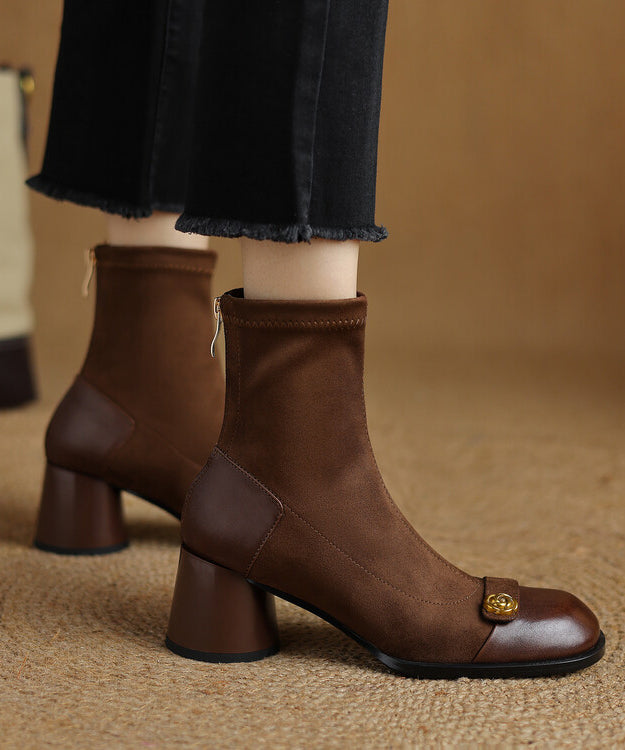 Stylish Brown Cowhide Leather Splicing Chunky Suede Boots