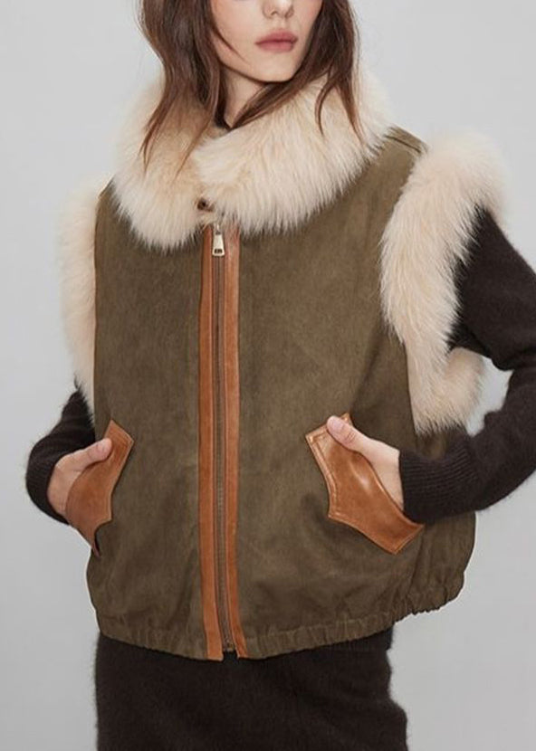 Stylish Brown Fur Collar Pockets Fine Cotton Filled Waistcoat Sleeveless