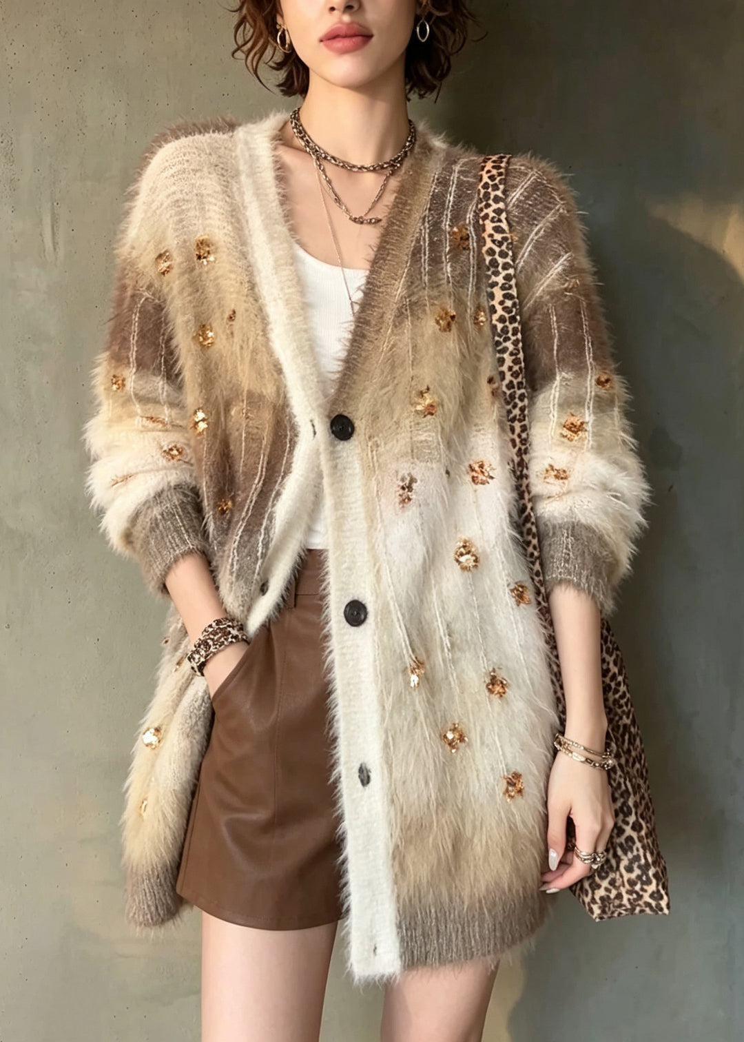 Stylish Brown Gradient V Neck Sequins Knit Cardigans Fall