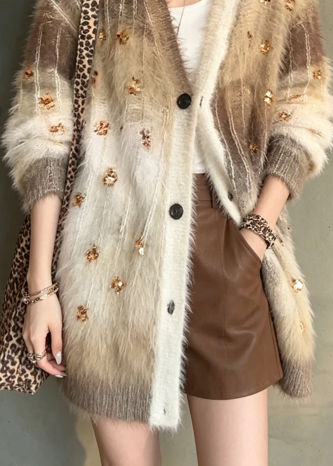 Stylish Brown Gradient V Neck Sequins Knit Cardigans Fall