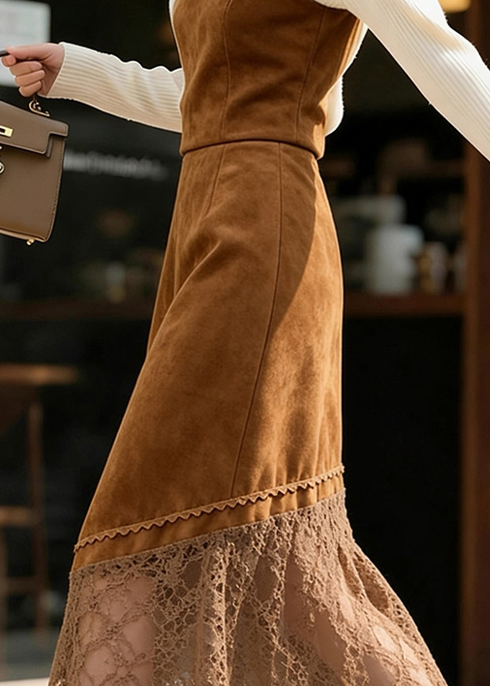 Stylish Brown High Waist Lace Patchwork Faux Suede Skirts Spring