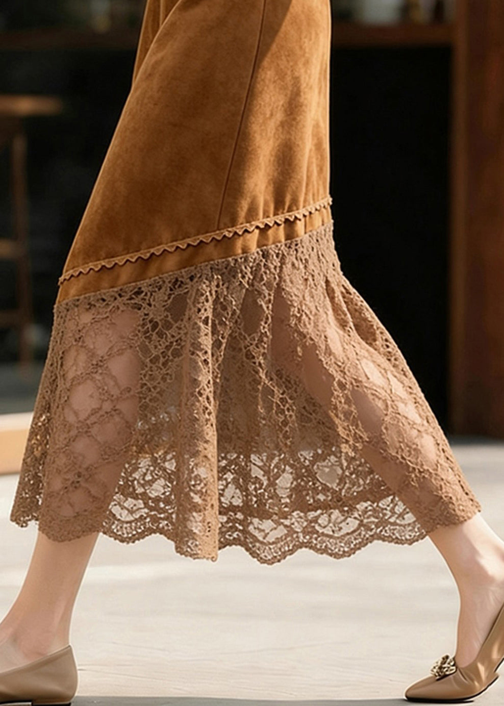 Stylish Brown High Waist Lace Patchwork Faux Suede Skirts Spring