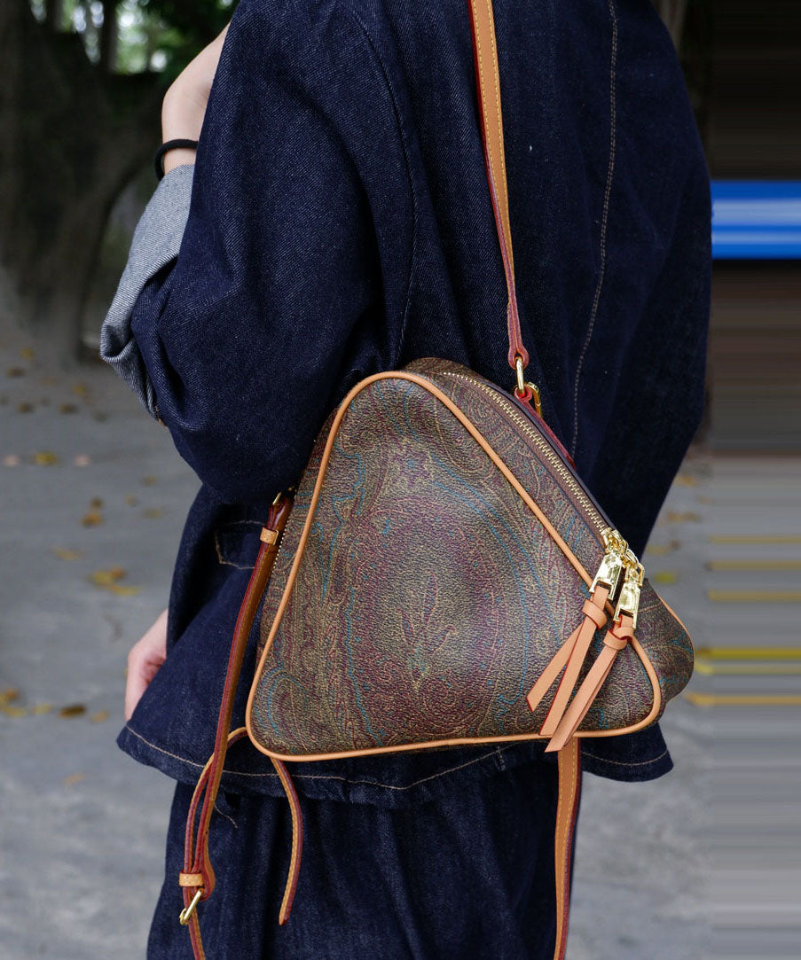 Stylish Brown Jacquard Triangle Leather Cross-body Bag