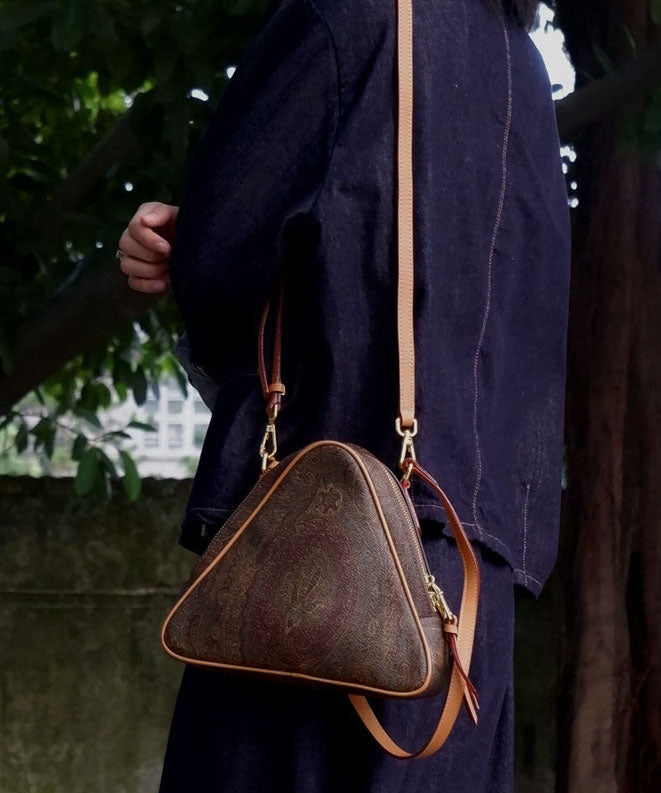 Stylish Brown Jacquard Triangle Leather Cross-body Bag