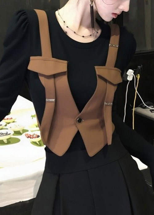 Stylish Brown O Neck False Two Pieces Patchwork Cotton T Shirt Spring