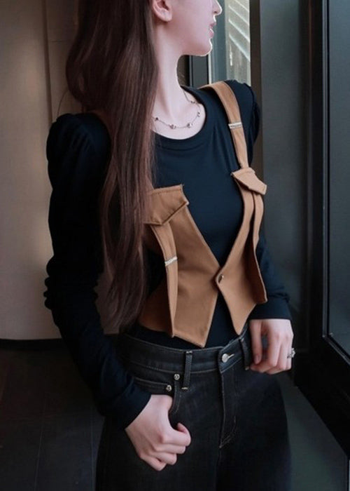 Stylish Brown O Neck False Two Pieces Patchwork Cotton T Shirt Fall