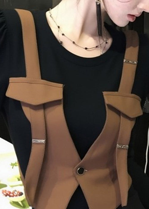 Stylish Brown O Neck False Two Pieces Patchwork Cotton T Shirt Spring