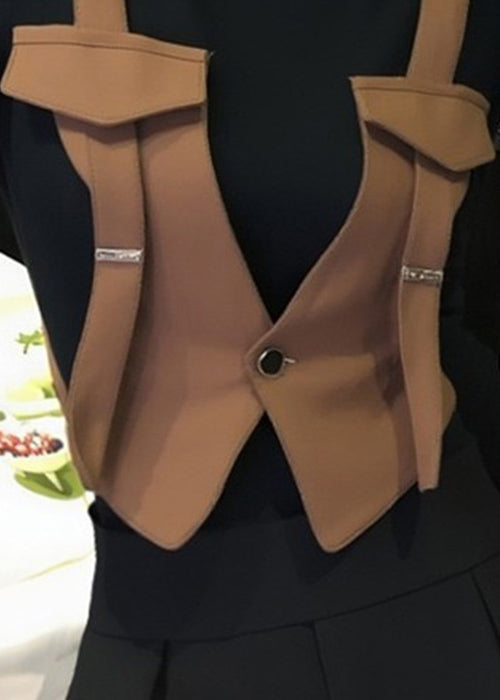 Stylish Brown O Neck False Two Pieces Patchwork Cotton T Shirt Fall