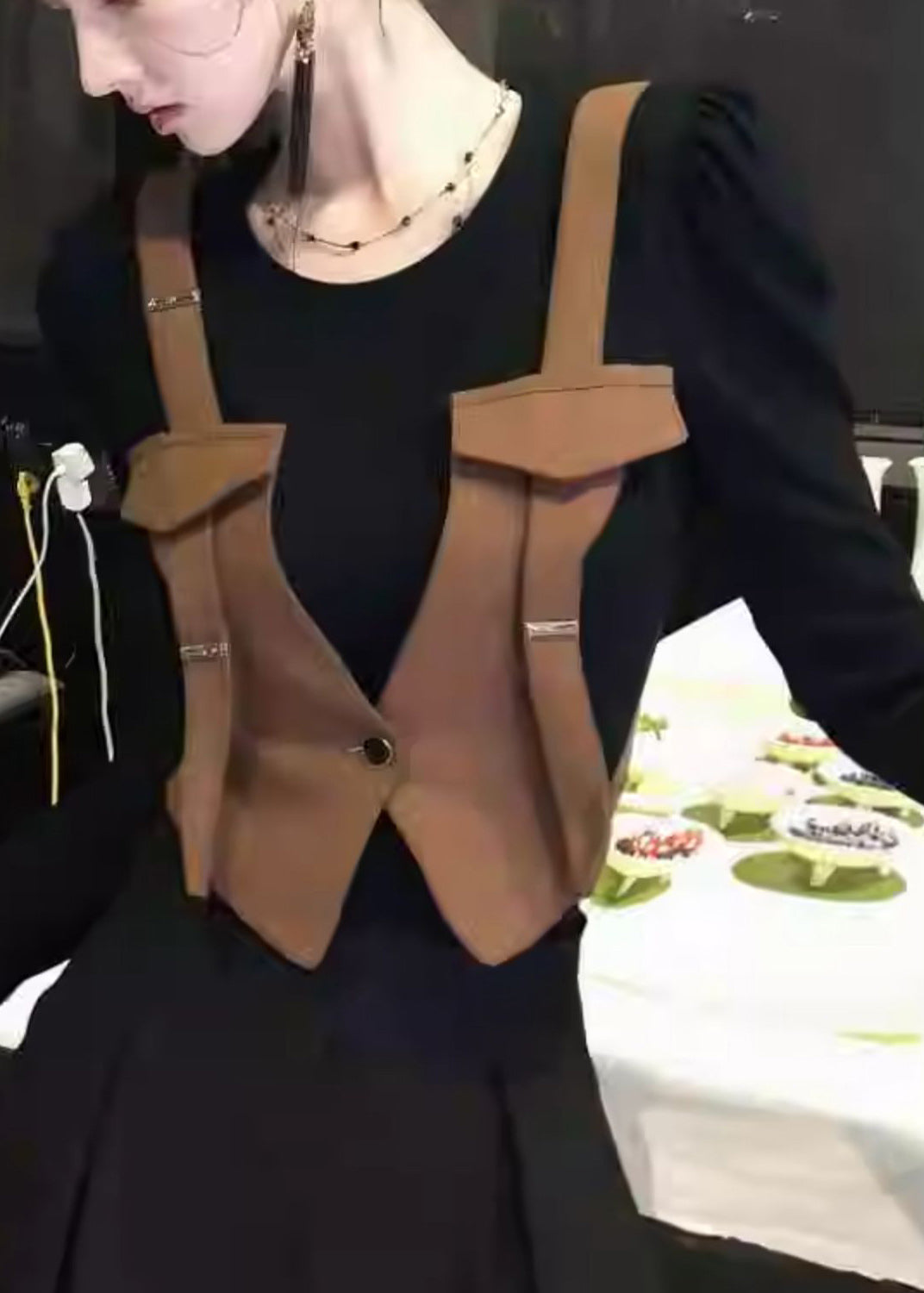 Stylish Brown O Neck False Two Pieces Patchwork Cotton T Shirt Spring