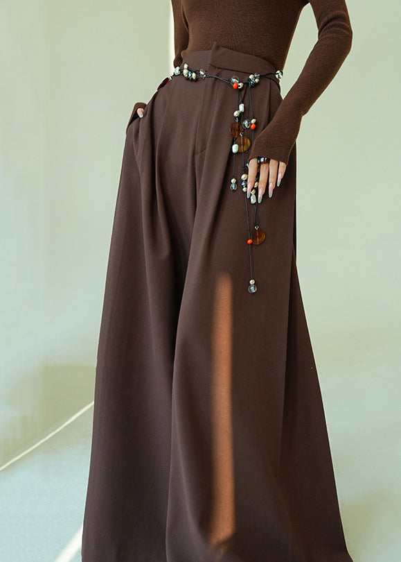 Stylish Brown Pockets High Waist Spandex Pants Fall