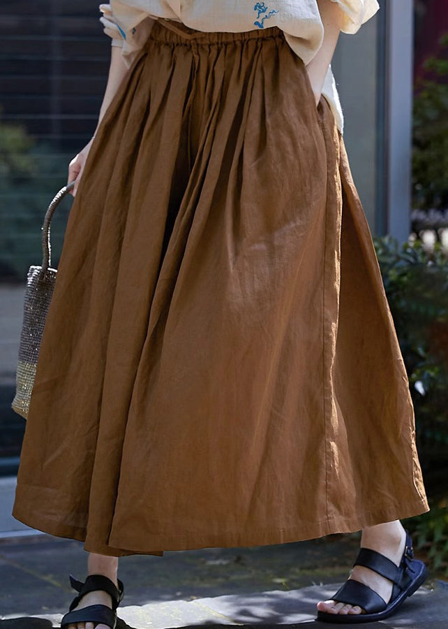 Stylish Brown Pockets Wrinkled Elastic Waist Cotton Skirt Spring