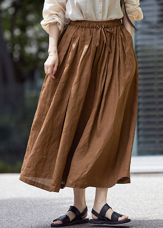 Stylish Brown Pockets Wrinkled Elastic Waist Cotton Skirt Spring