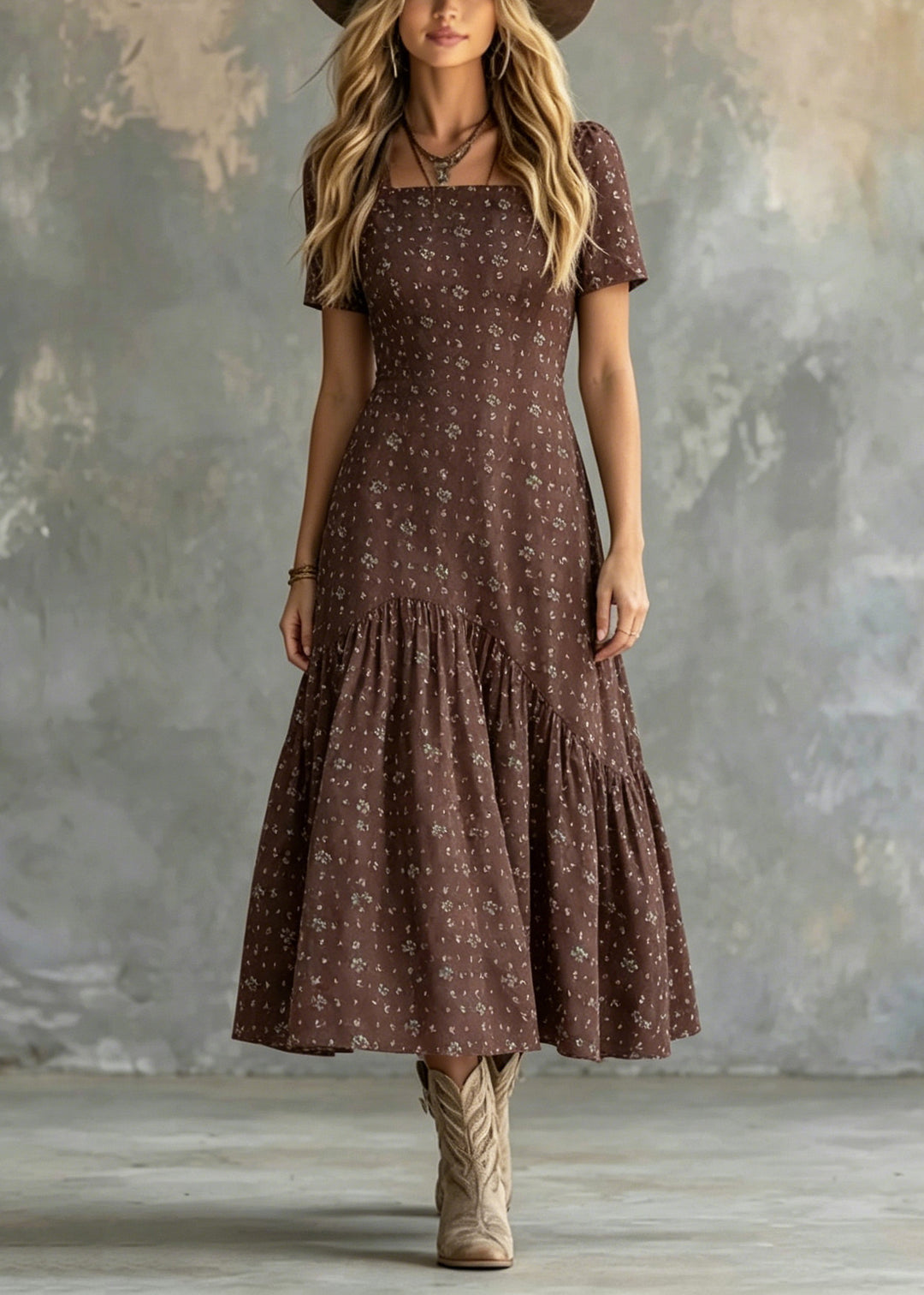 Stylish Brown Square Collar Print Cotton Long Dresses Summer