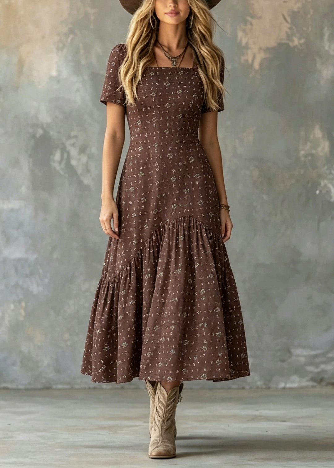 Stylish Brown Square Collar Print Cotton Long Dresses Summer