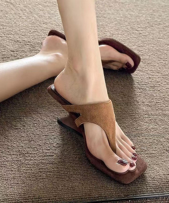 Stylish Brown Suede Square Toe Wedge Flip Flops