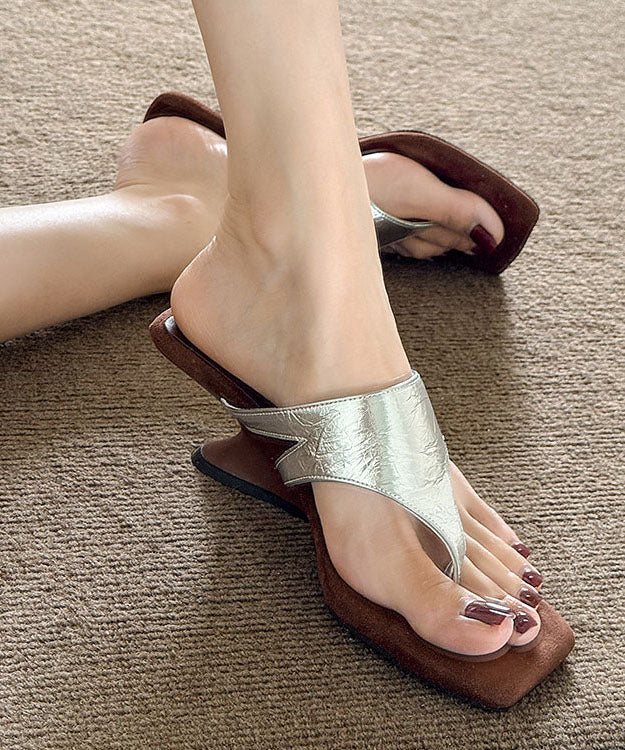 Stylish Brown Suede Square Toe Wedge Flip Flops
