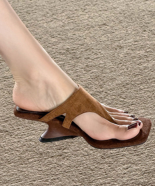 Stylish Brown Suede Square Toe Wedge Flip Flops