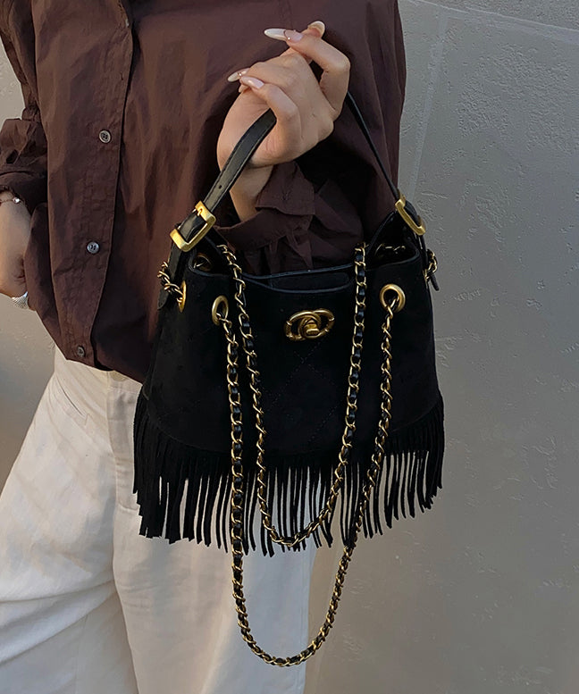 Stylish Brown Tassel Patchwork Suede Shoulder Bag