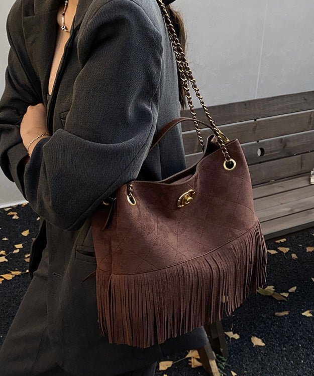 Stylish Brown Tassel Patchwork Suede Shoulder Bag