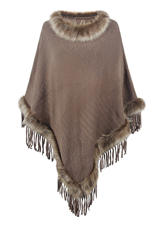Stylish Brown Tasseled Patchwork Faux Fur Cloak Winter