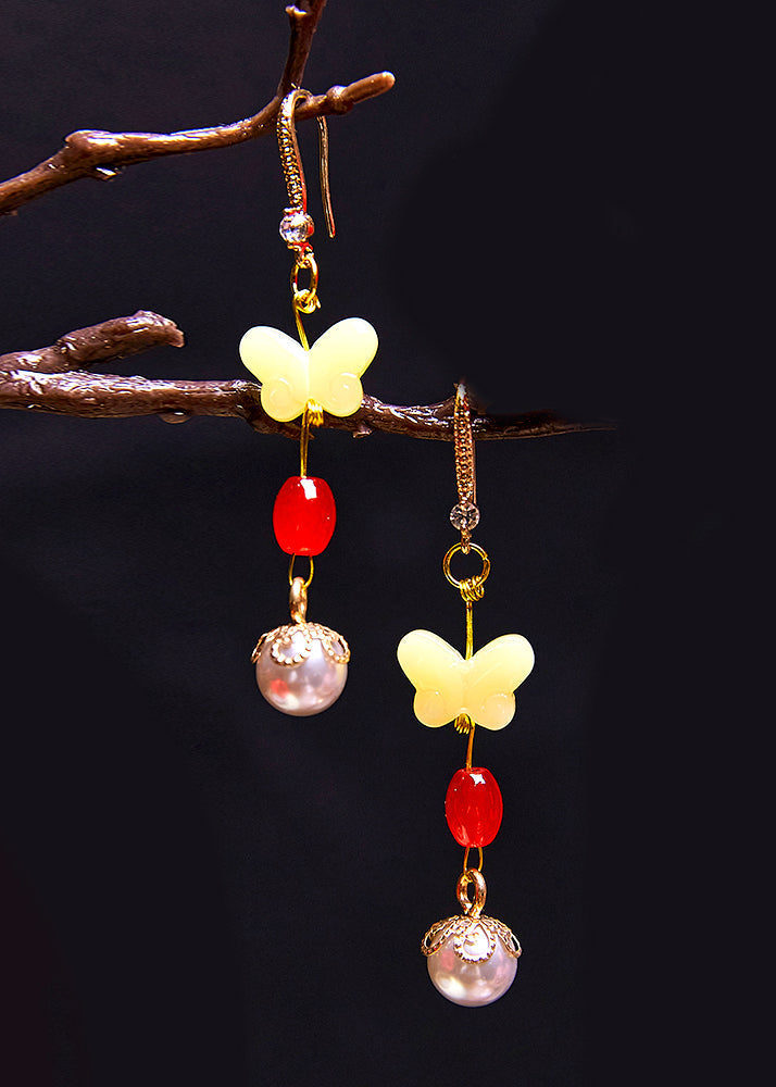 Stylish Butterfly Beeswax Pearl Zircon Drop Earrings - Omychic