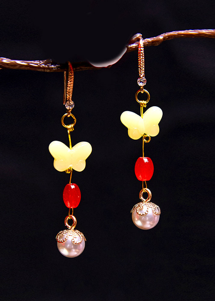 Stylish Butterfly Beeswax Pearl Zircon Drop Earrings - Omychic