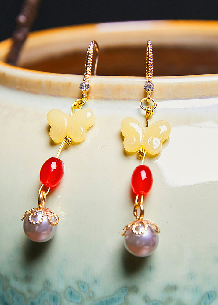 Stylish Butterfly Beeswax Pearl Zircon Drop Earrings - Omychic