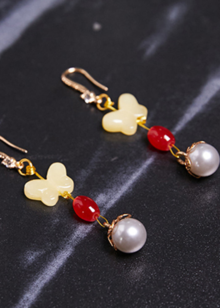 Stylish Butterfly Beeswax Pearl Zircon Drop Earrings - Omychic
