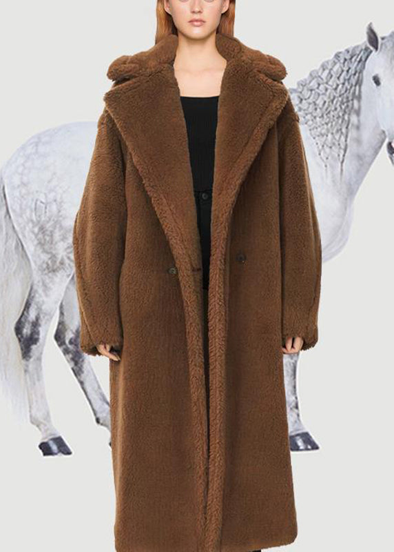 Stylish Camel Peter Pan Collar Pockets Teddy Faux Fur Long Coats Winter