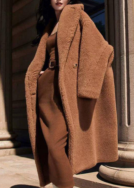 Stylish Camel Peter Pan Collar Pockets Teddy Faux Fur Long Coats Winter
