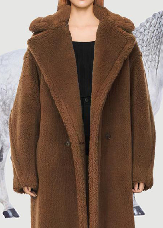 Stylish Camel Peter Pan Collar Pockets Teddy Faux Fur Long Coats Winter