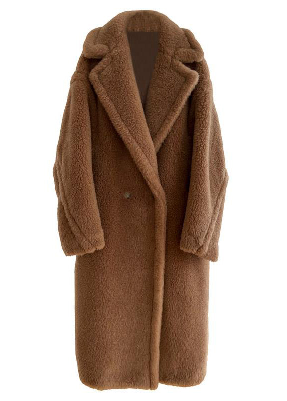 Stylish Camel Peter Pan Collar Pockets Teddy Faux Fur Long Coats Winter