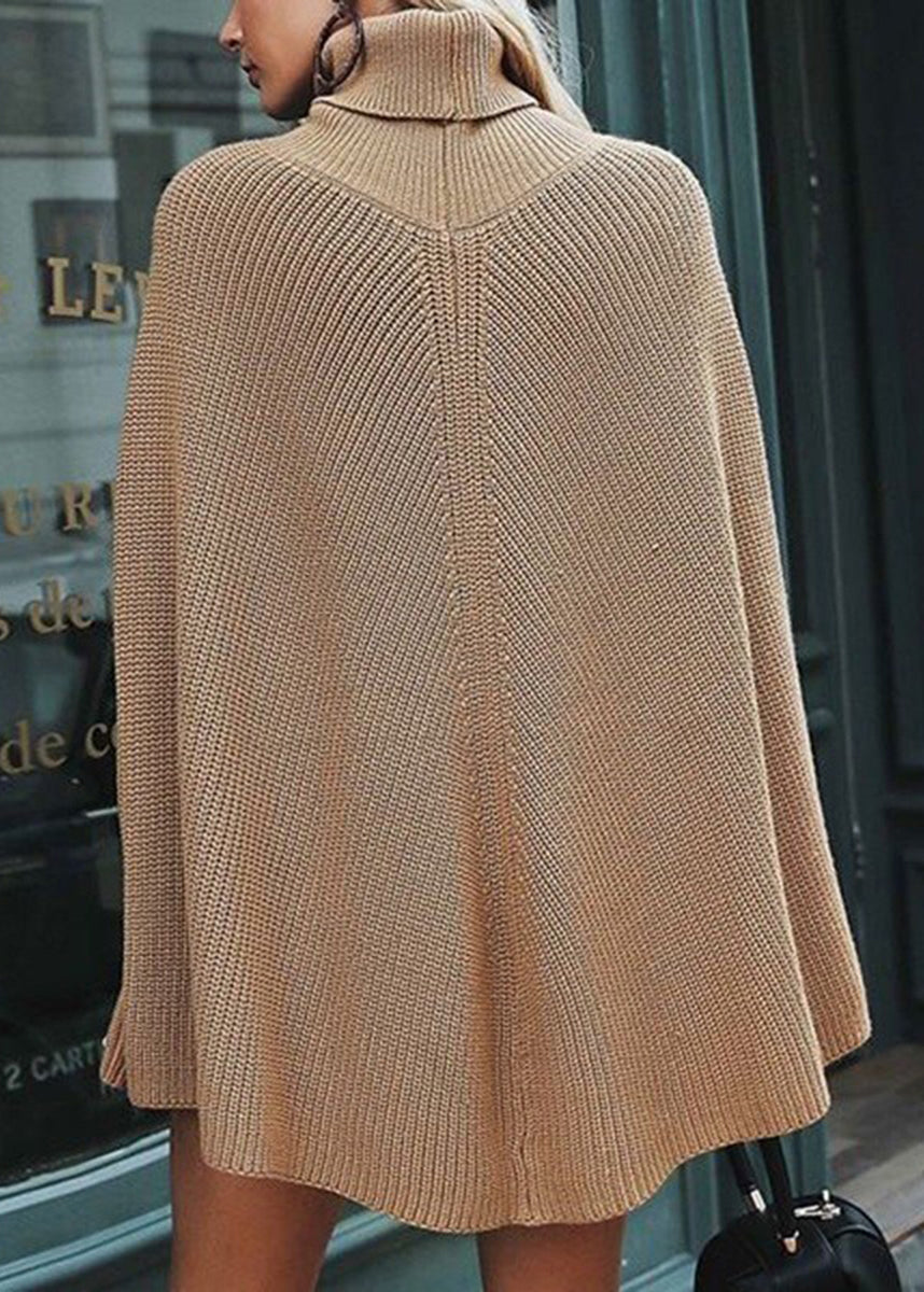 Stylish Camel Turtleneck Knit Sweater Cloak Sleeves
