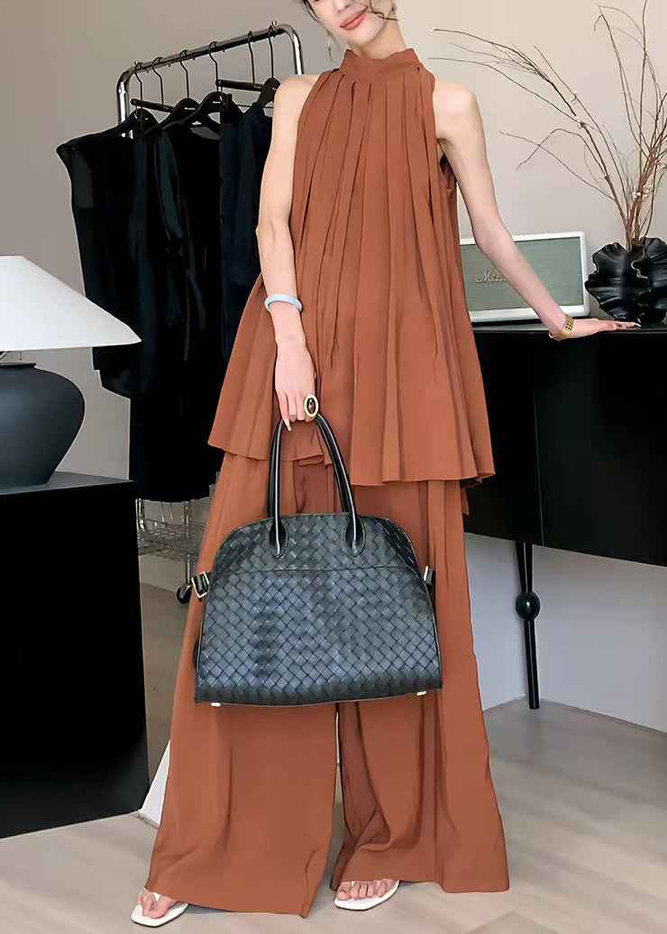 Stylish Caramel Stand Collar Wrinkled Chiffon Two Pieces Set Summer