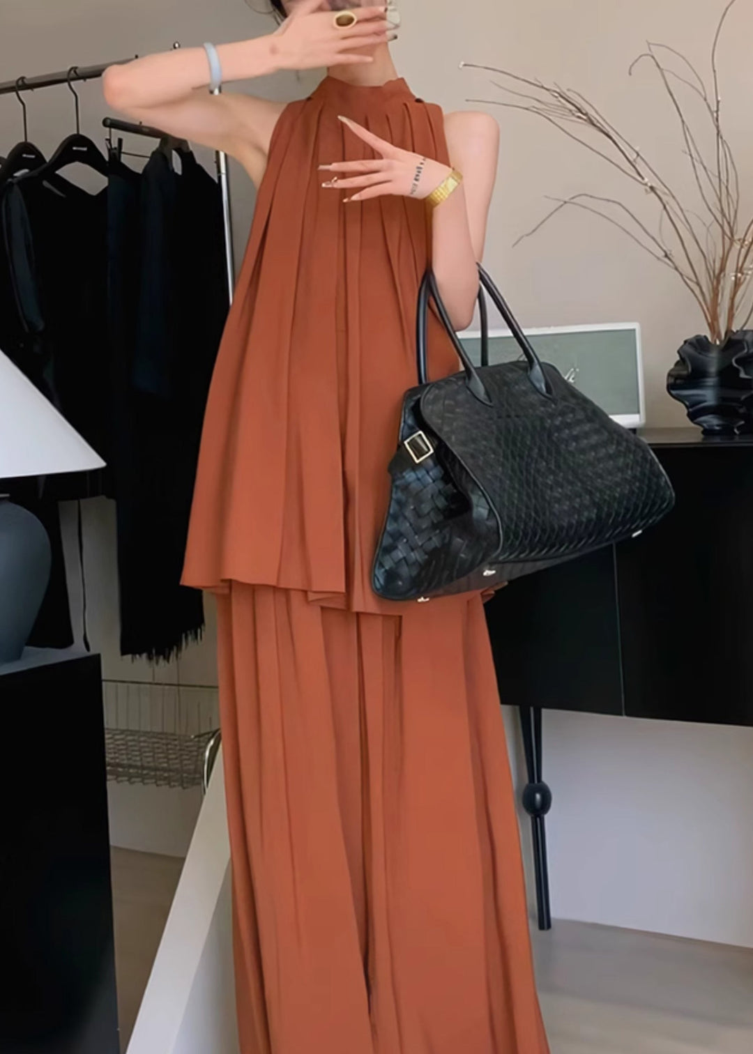 Stylish Caramel Stand Collar Wrinkled Chiffon Two Pieces Set Summer