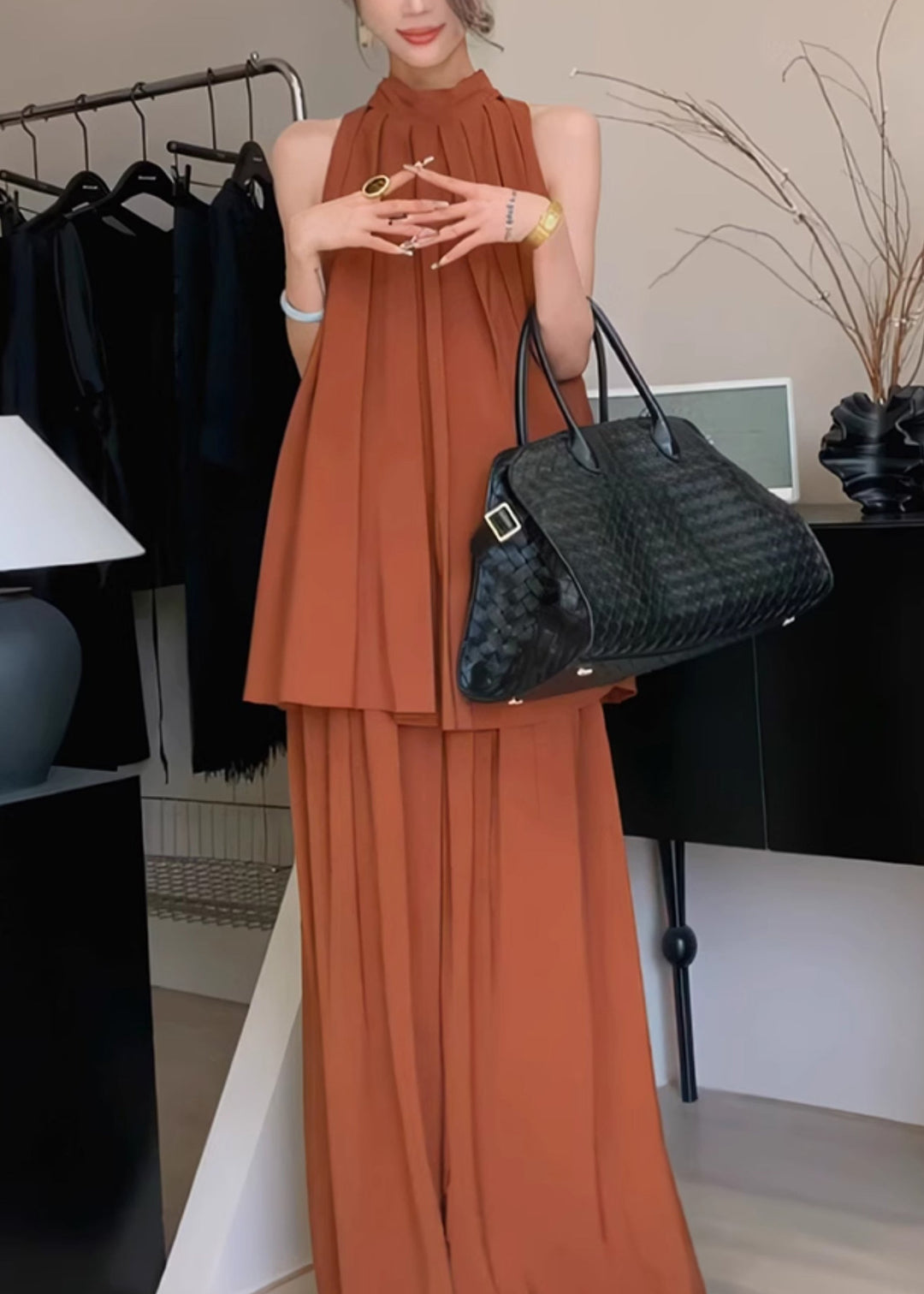 Stylish Caramel Stand Collar Wrinkled Chiffon Two Pieces Set Summer