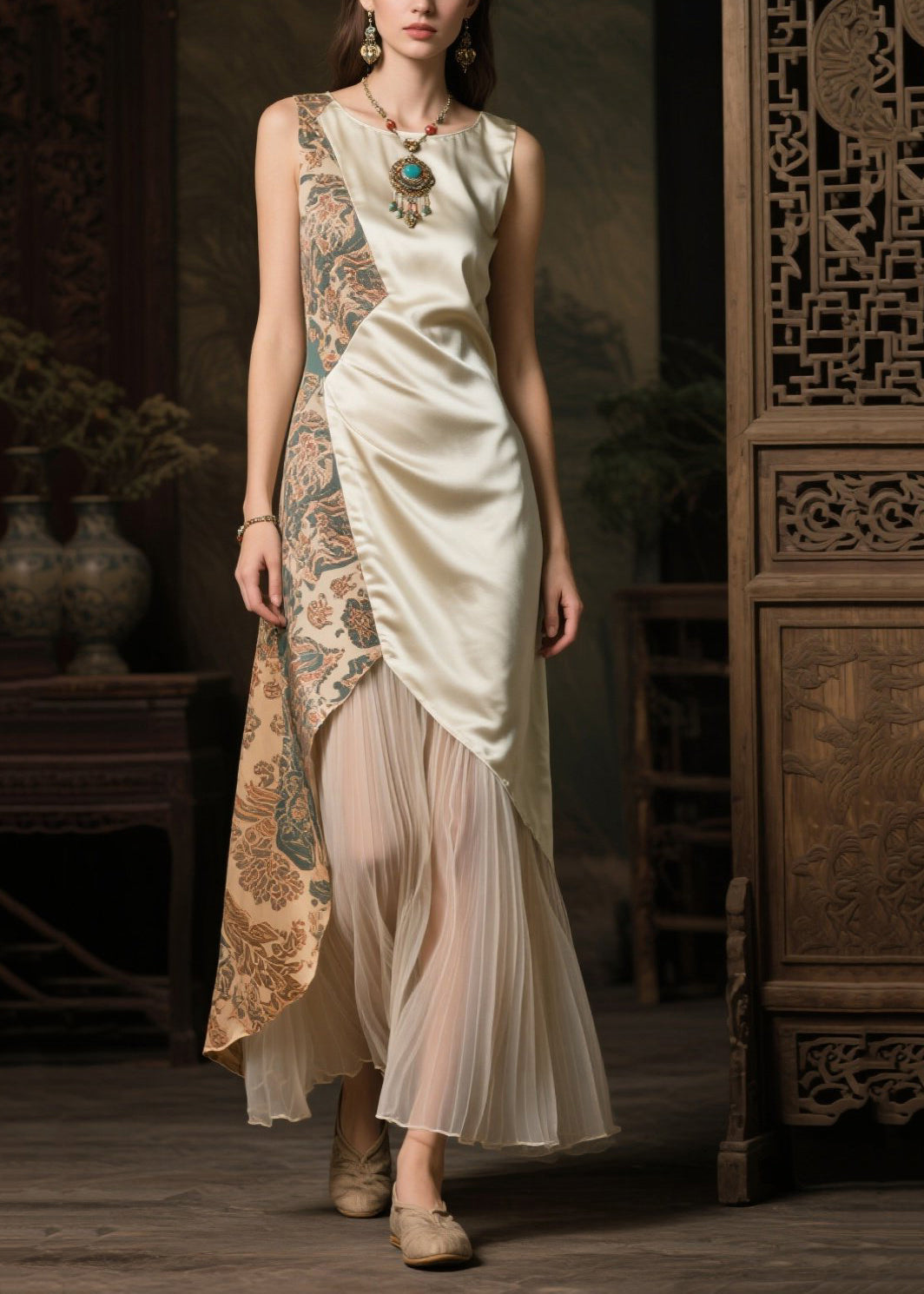 Stylish Champagne Asymmetrical Patchwork Tulle Silk Long Dress Sleeveless