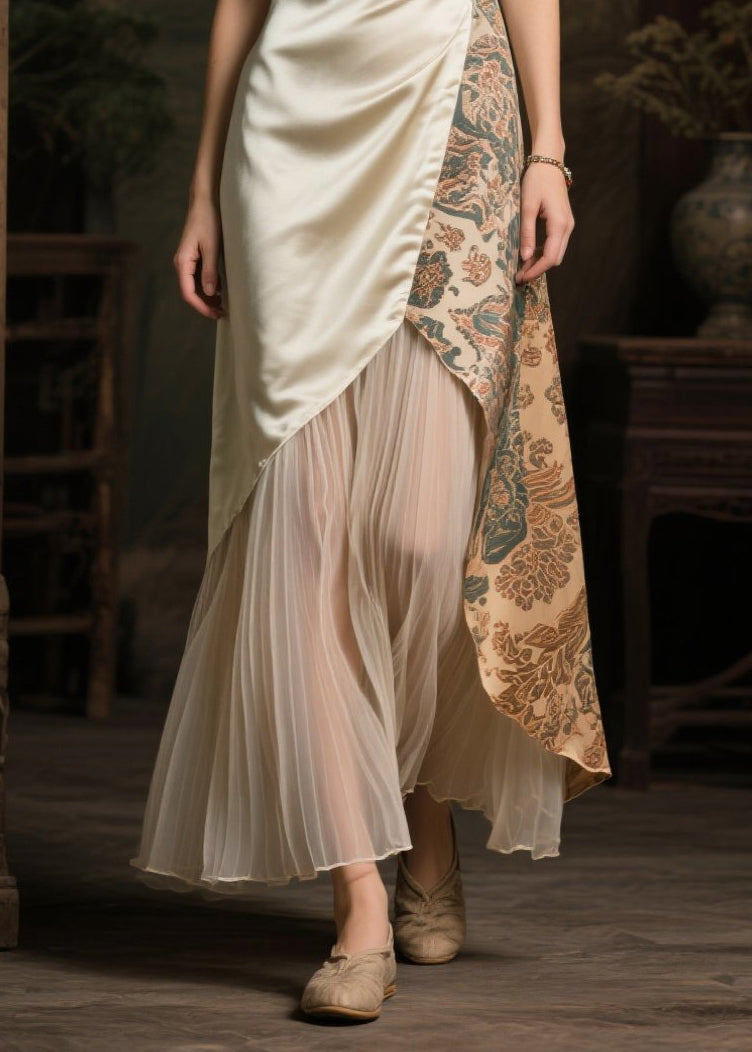 Stylish Champagne Asymmetrical Patchwork Tulle Silk Long Dress Sleeveless