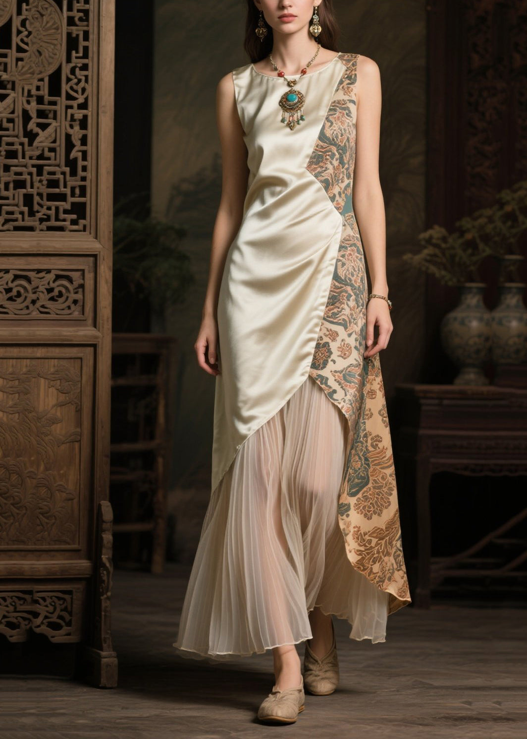 Stylish Champagne Asymmetrical Patchwork Tulle Silk Long Dress Sleeveless