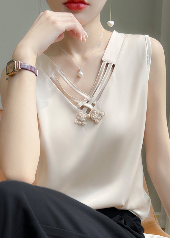 Stylish Champagne Color Nail Bead Solid Silk Tank Summer