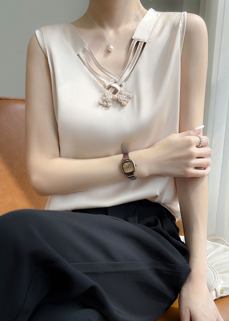 Stylish Champagne Color Nail Bead Solid Silk Tank Summer